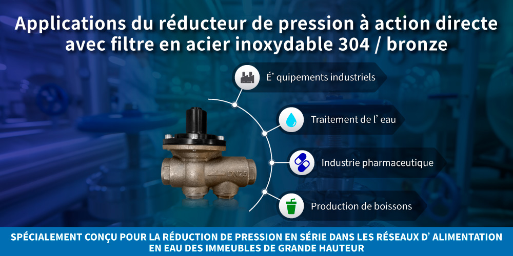 Applications du réducteur de pression à action directe Z-Tide avec filtre en SS304 et en bronze