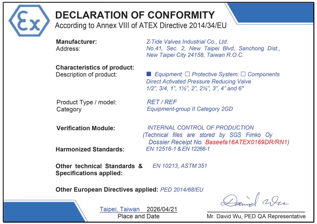 Réducteur de pression à action directe Z-Tide en acier inoxydable 316 certifié ATEX