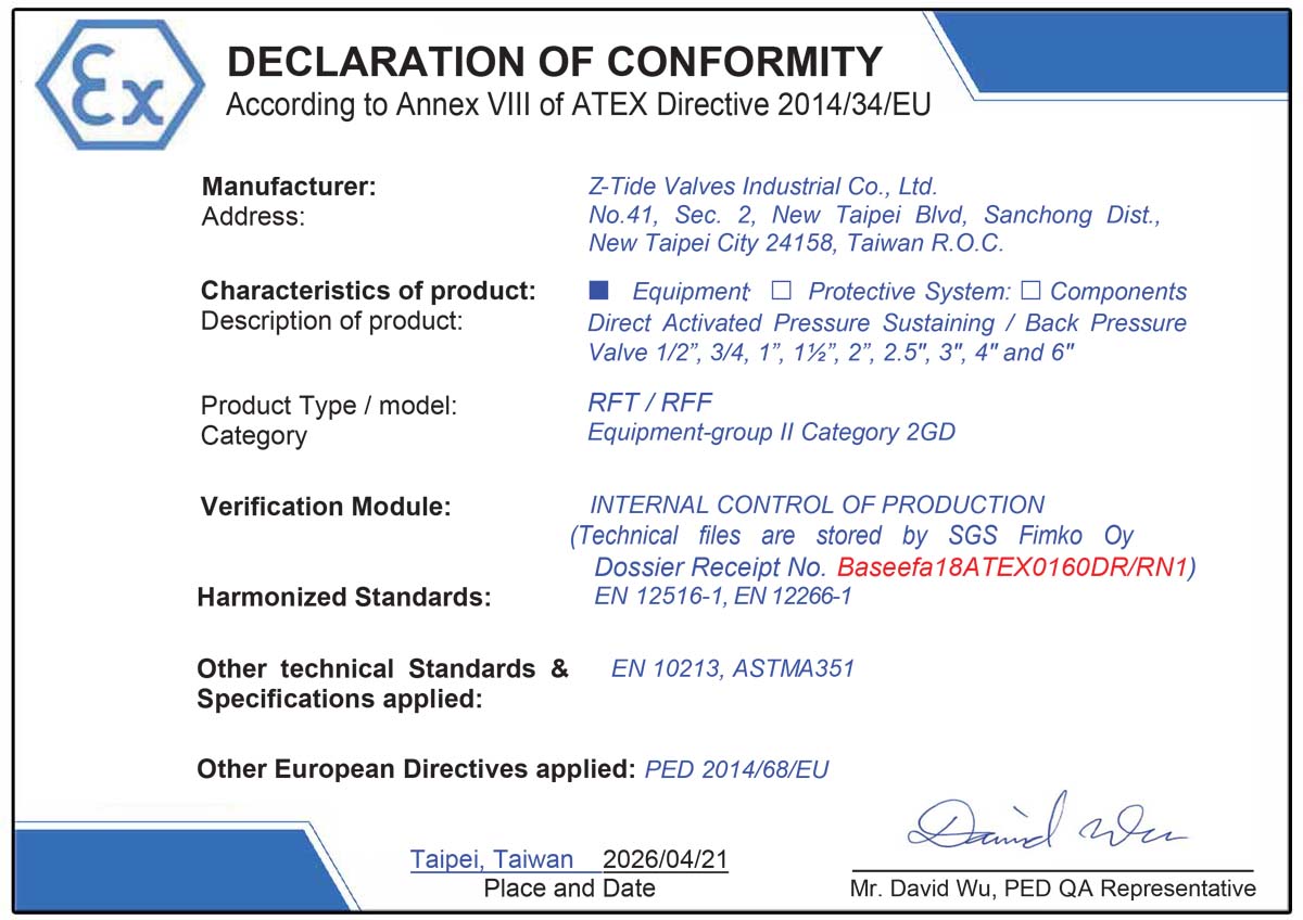 Limiteur de pression à action directe Z-Tide certifié ATEX Limiteur de pression à action directe Z-Tide certifié ATEX