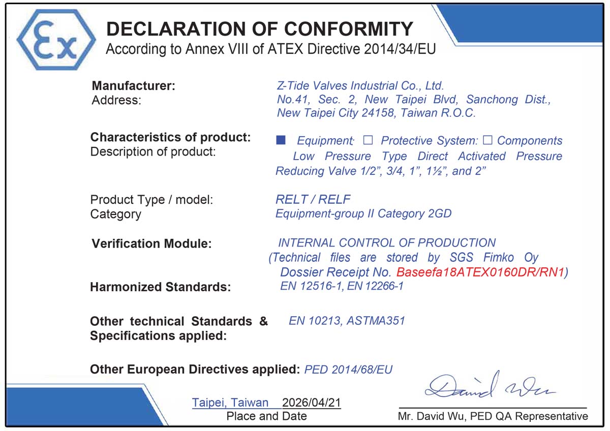 Réducteur de pression de type basse pression Z-Tide certifié ATEX